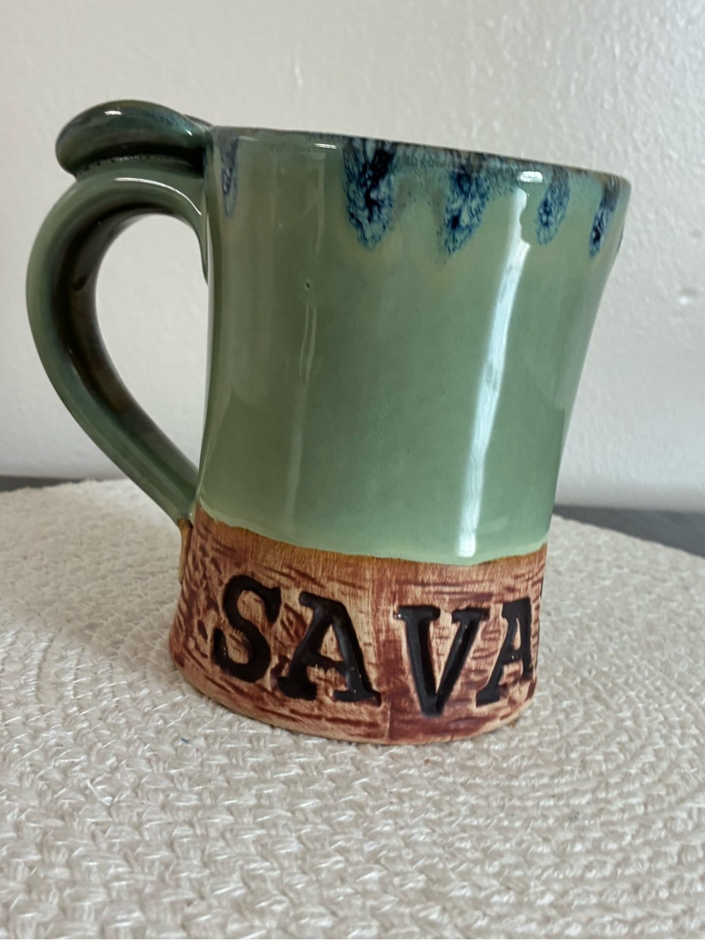Green Drip Glaze Ceramic Mug with Textured Brown Base